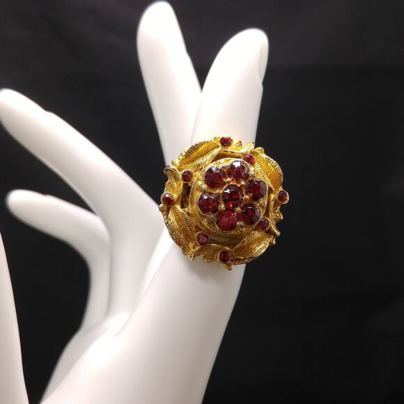 Vintage Red Rhinestone Chunky Ring, Floral Band, 1960s, Size 5 Adjustable - Picture 1 of 10